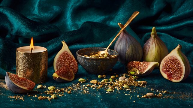 Golden figs and candlelight on dark teal fabric with spices for autumn wellness