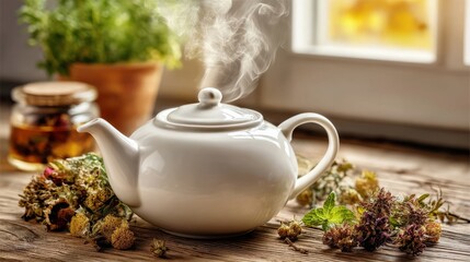 Fototapeta premium Elegant Ceramic Teapot with Steam Rising Surrounded by Scattered Herbs and Flowers
