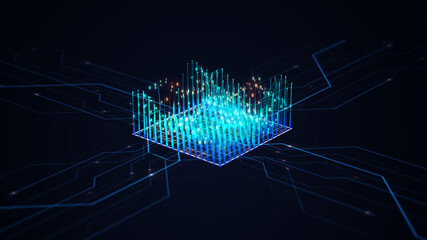 High-tech concept of an artificial intelligence microchip processing big data flows. 3D isometric...