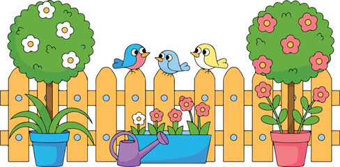 Obraz premium Spring garden flower pot vector with blooming house plants, roses, trees and watering can, outdoor village scene with fence and birds illustration
