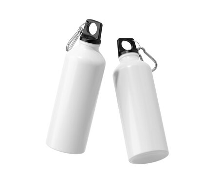 Blank White Aluminum Sport Water Bottle Isolated On Transparent Background, PNG, Prepared For Mockup, 3D Render.