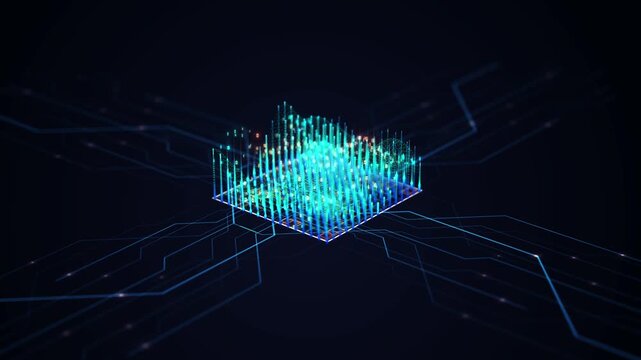 High-tech concept of an artificial intelligence microchip processing big data flows. 3D isometric view of glowing neural network circuits and binary code on a dark background for futuristic tech.