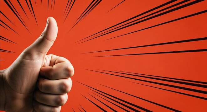 Hand giving thumbs up gesture with burst background in vibrant red. Thumbs up signifies positivity and approval, enhancing communication through gestures. Ideal for funny meme pet pop art design.