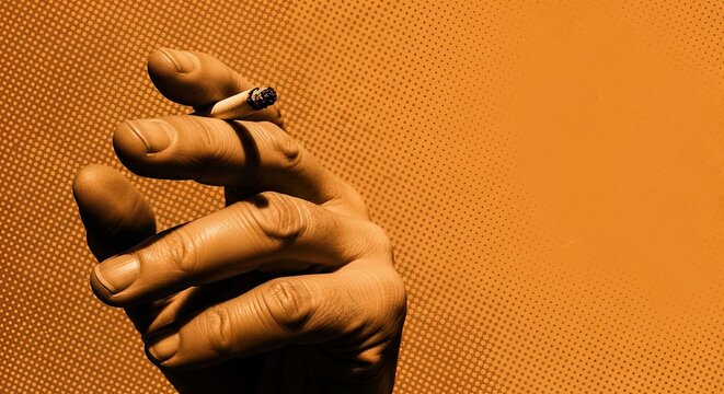 Hand holding cigarette with orange background and textured pattern. Gesture signifies contemplation or relaxation while smoke lingers in the air. Perfect for modern art, creative projects,