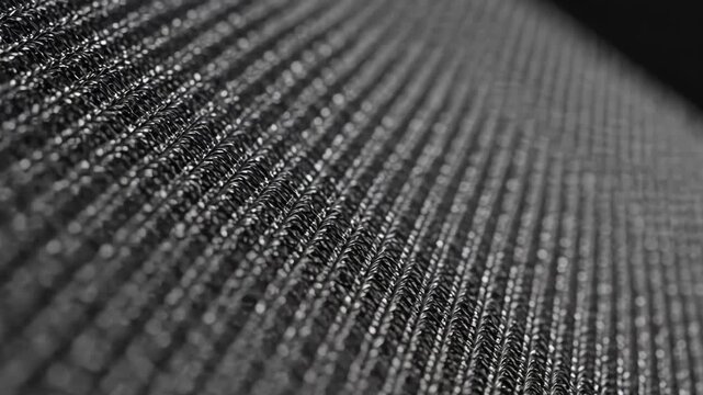 Macro shot of dark metallic woven mesh texture with diagonal lines and shallow depth of field