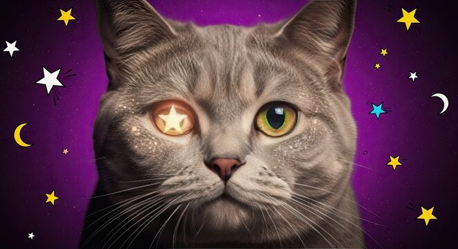 Cat with colorful eyes and stars in pop art style, featuring one star-shaped eye and a vibrant background. This unique cat design enhances creativity in pet-themed funny memes or pop art projects.