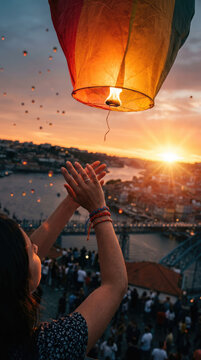 Vibrant Porto Nights: Portuense Joins S&atilde;o Jo&atilde;o Festivities, Launching Balloons in the City with D. Luis bridge at background