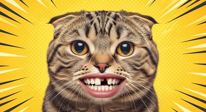 Funny meme cat with oversized smile and vibrant yellow background. Whimsical cat features exaggerated facial expressions and playful design, creating delightful and engaging imagery.