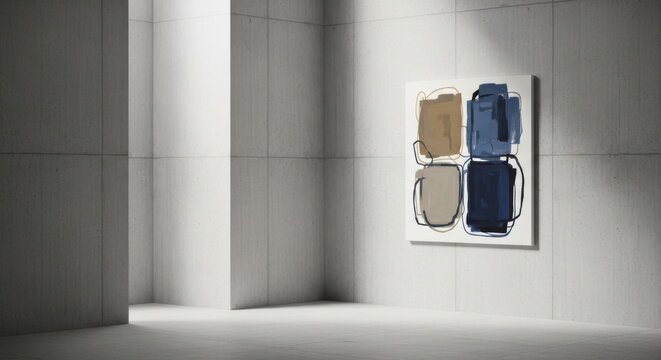 Modern Abstract Art Painting With Geometric Shapes Hung On A Minimalist Concrete Wall