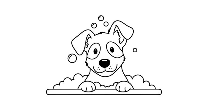 A cute cartoon dog with big eyes peeking out from a bubbly bath, looking happy and ready for a wash.