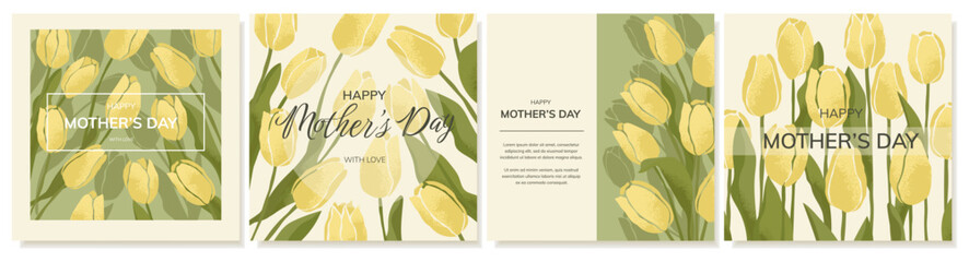 Happy Mother's Day greeting cards with yellow tulips. Hand drawn spring flowers with texture. Postcard templates with space for text. Vector © IVONINA