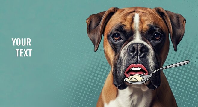 Funny meme pet design featuring a boxer dog with a spoon in mouth, humorous expression and vivid colors. This funny meme pet art captures attention for creative projects and social media content.