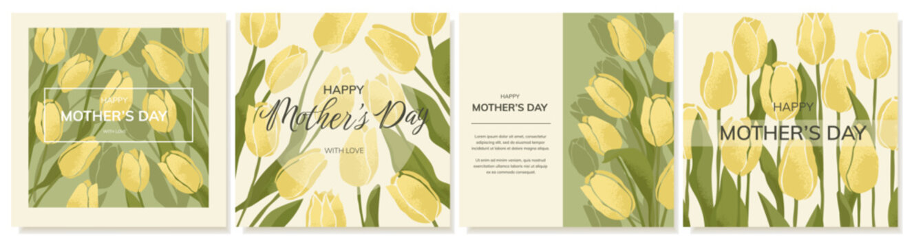 Happy Mother's Day greeting cards with yellow tulips. Hand drawn spring flowers with texture. Postcard templates with space for text. Vector