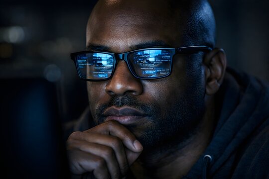 This high resolution photo features a man with computer code reflecting in his glasses. Perfect for cybersecurity campaigns digital marketing websites and modern creative projects.