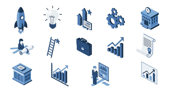 A set of fifteen blue isometric icons representing business concepts like growth, innovation, career advancement, and professional education.