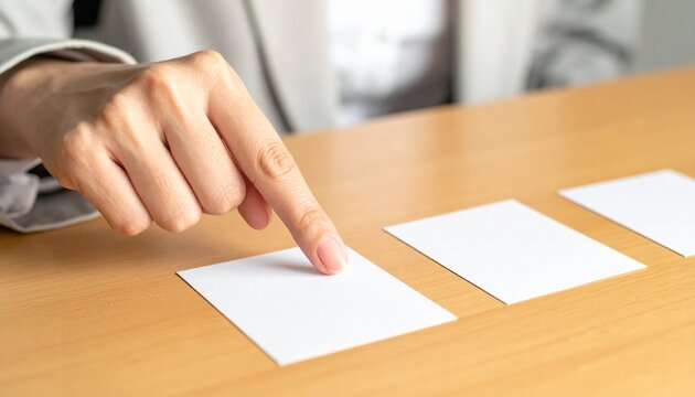 机の上に伏せられた3枚の白いカードのうち、一枚を選択して指を指すビジネスウーマンの手元の写真