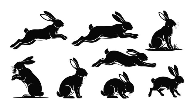 A collection of black silhouette rabbits in various dynamic poses and positions