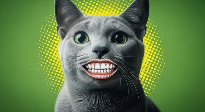 Funny meme cat with exaggerated smile and vibrant green pop art background, showcasing playful expression and cartoonish style.