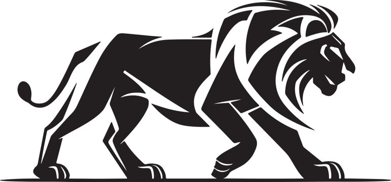 Lion walking in black and white silhouette vector illustration  side view
