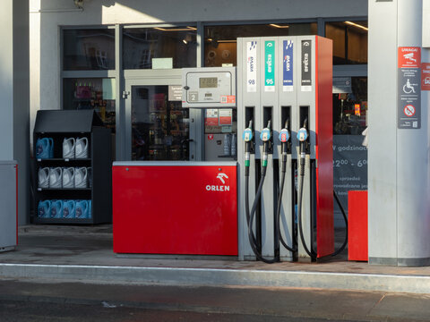 Szklarska Poreba, Poland - December 18, 2025: Orlen station with fuel pumps offering Verva 98, 95, diesel, providing essential services for vehicle refueling