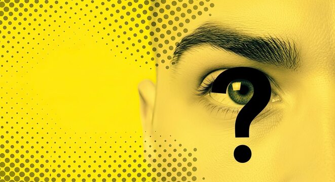 Close up of a curious eye with a question mark against a yellow background, emphasizing curiosity and intrigue. Eye reveals deeper questions and thoughts,