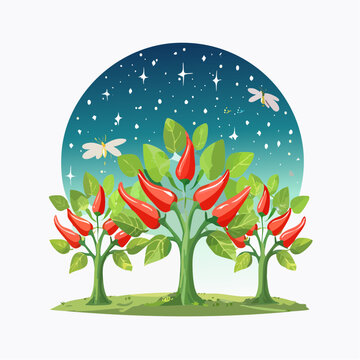 Chili pepper trees under starry sky with fireflies and butterflies