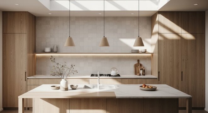 Modern kitchen interior design featuring island lighting and cabinetry