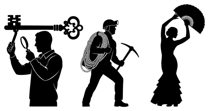 Man inspecting key with magnifying glass miner with pickaxe and rope flamenco dancer with fan silhouette