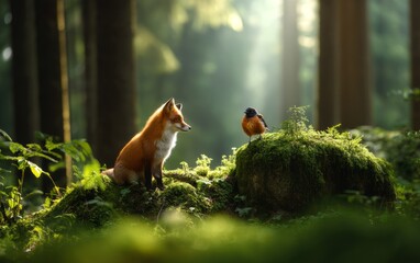 Obraz premium Fox and Crow on Moss-Covered Rock in Dense Forest with Soft Light