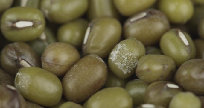 green mung beans (Vigna radiata) closeup rotating selective focus 4k 30fps