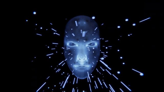 Blue Shine Human Head Anatomy Wireframe Hologram Scanning Effects With Light Flare Glitter. Particles 3d transition opacity Motion View, Seamless Loop 3d rendering