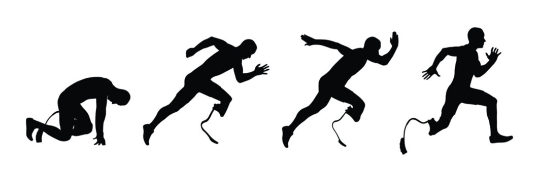 Prosthetic Runner Silhouette Sequence Falling and Rising Symbolizing Resilience and Recovery