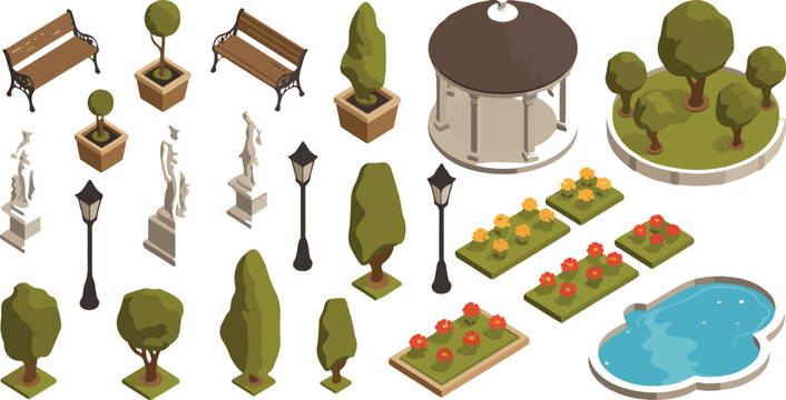 Urban park isometric landscape elements set with benches, statues, lakes and trees, modern city outdoor environment flat vector illustration isolated