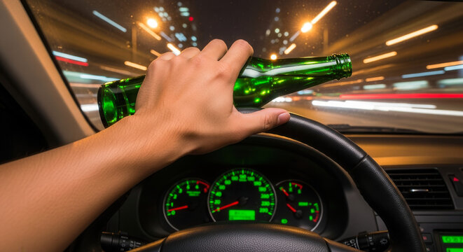Drunk driving at night with alcohol bottle over steering wheel, impaired driving danger concept