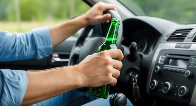 Drunk driving behavior with alcohol bottle in car, dangerous driving under influence concept