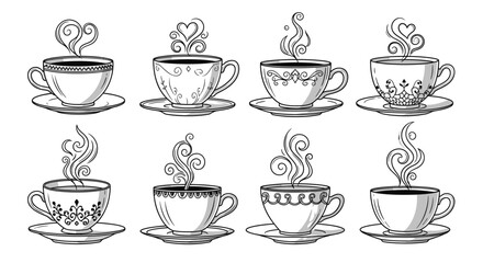 Fototapeta premium elegant set of eight detailed line art coffee cups and saucers with ornate decorative patterns and steam swirls