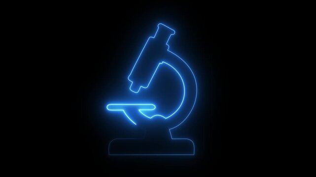Neon microscope icon for science and laboratory research. Glowing microscope symbol representing biology, medical technology and scientific discovery.
