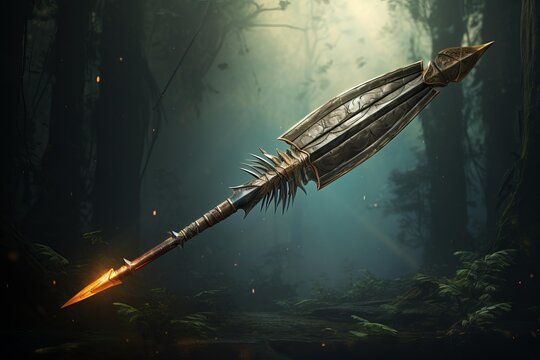 Ornate fantasy glaive weapon floats in a mysterious forest, glowing with magical energy