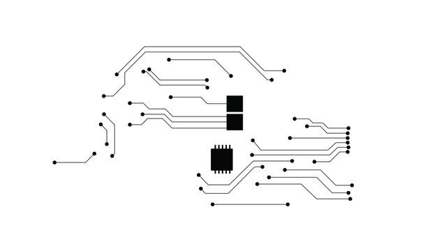 Minimalist black circuit board layout with dual ic sockets and solder points on white background
