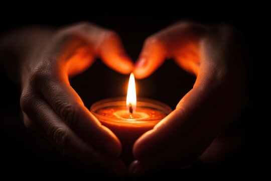 Warm candlelight framed by hands against a black background