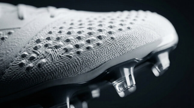 Extreme close up macro detail of the textured upper and clear studs on a modern white soccer boot