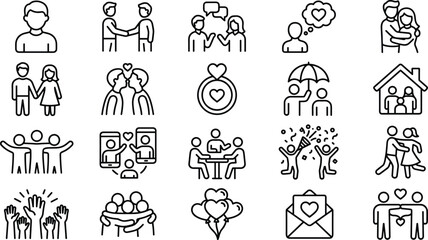 Fototapeta premium Relationships and Social Connection Line Icon Set with Love, Communication, Family, Partnership, Dating, and Emotional Interaction Symbols for Web and App Design