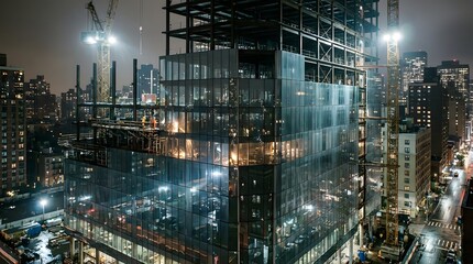 Naklejka premium Construction workers build a glass skyscraper at night in a city