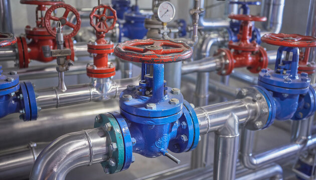 Industrial pipeline system with red and blue gate valves pressure gauge and stainless steel pipes in mechanical room