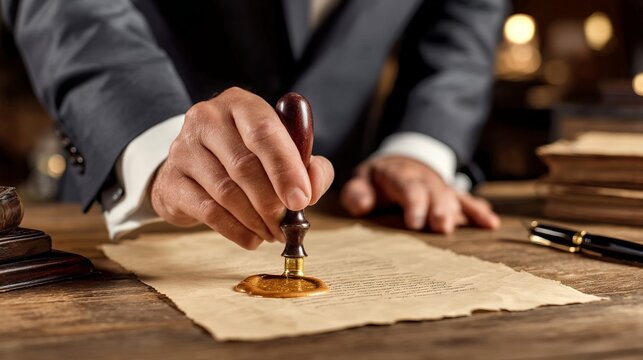 Elegant Hand Sealing Document with Wax Stamp on Vintage Table Setting