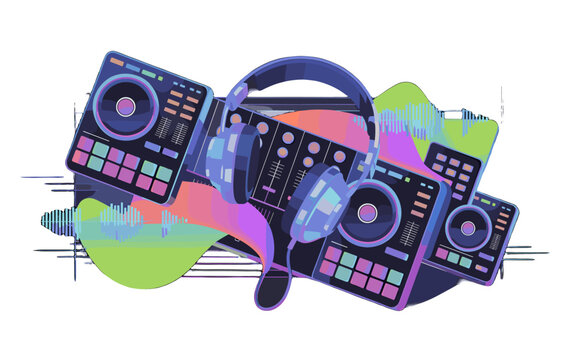 A vibrant illustration showcasing a DJ setup with headphones.