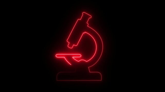 Neon microscope icon for science and laboratory research. Glowing microscope symbol representing biology, medical technology and scientific discovery.