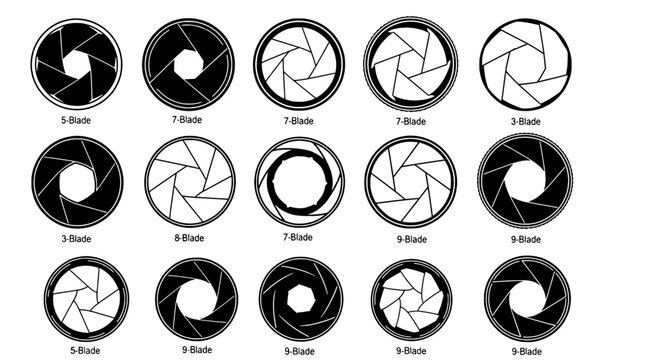 Diaphragm camera shutter aperture blades set with various 3, 5, 7, 8, 9 blade configurations for photography