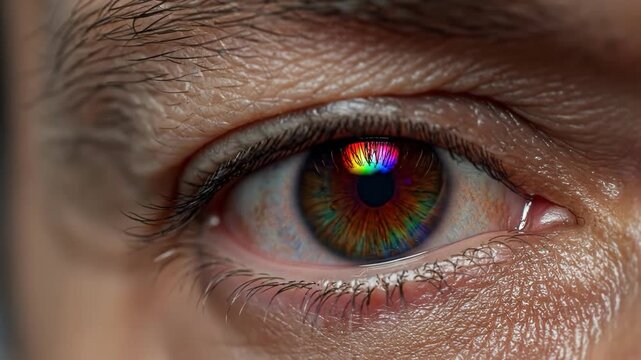 Extreme closeup of human eye reflecting a rainbow spectrum