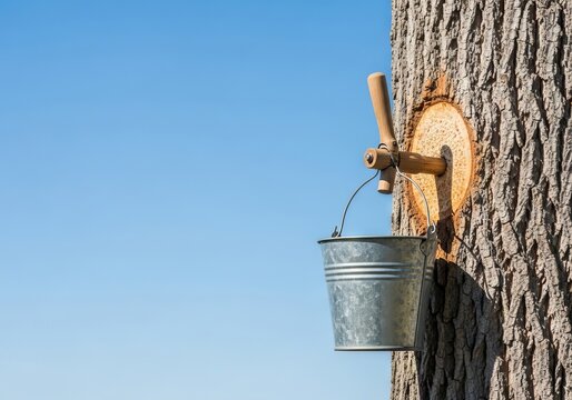 A clear view of a traditional metal bucket hanging from a wooden tap on a large tree trunk during the early spring sap harvesting season, tree-tapping, rural, forest